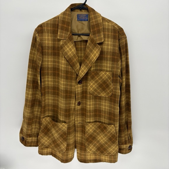 Vintage 60s Pendleton Mustard Plaid Wool Blazer Chore Jacket Barn Retro USA‎ M